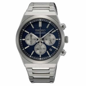 Orologio uomo Seiko Chronograph SSB453P1 con quadrante blu scuro e dettagli argentati.<br>