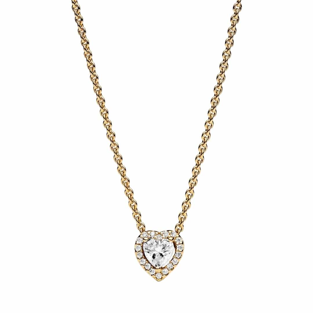 Collana dorata Pandora Timeless con ciondolo a cuore e zirconi raffinati per un effetto brillante.
