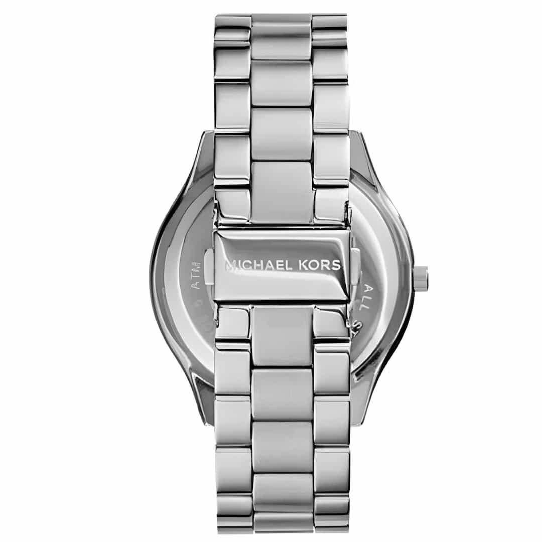 Retro dell’orologio Michael Kors Slim Runway MK3291 con logo inciso sulla chiusura argentata
