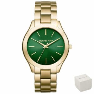Orologio donna Michael Kors Slim Runway MK3435 con quadrante verde e cinturino in metallo dorato<br>