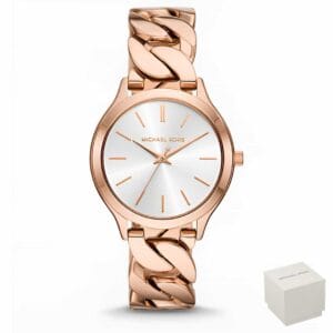 Orologio donna Michael Kors Slim Runway MK7473 con quadrante bianco e bracciale intrecciato in oro rosa