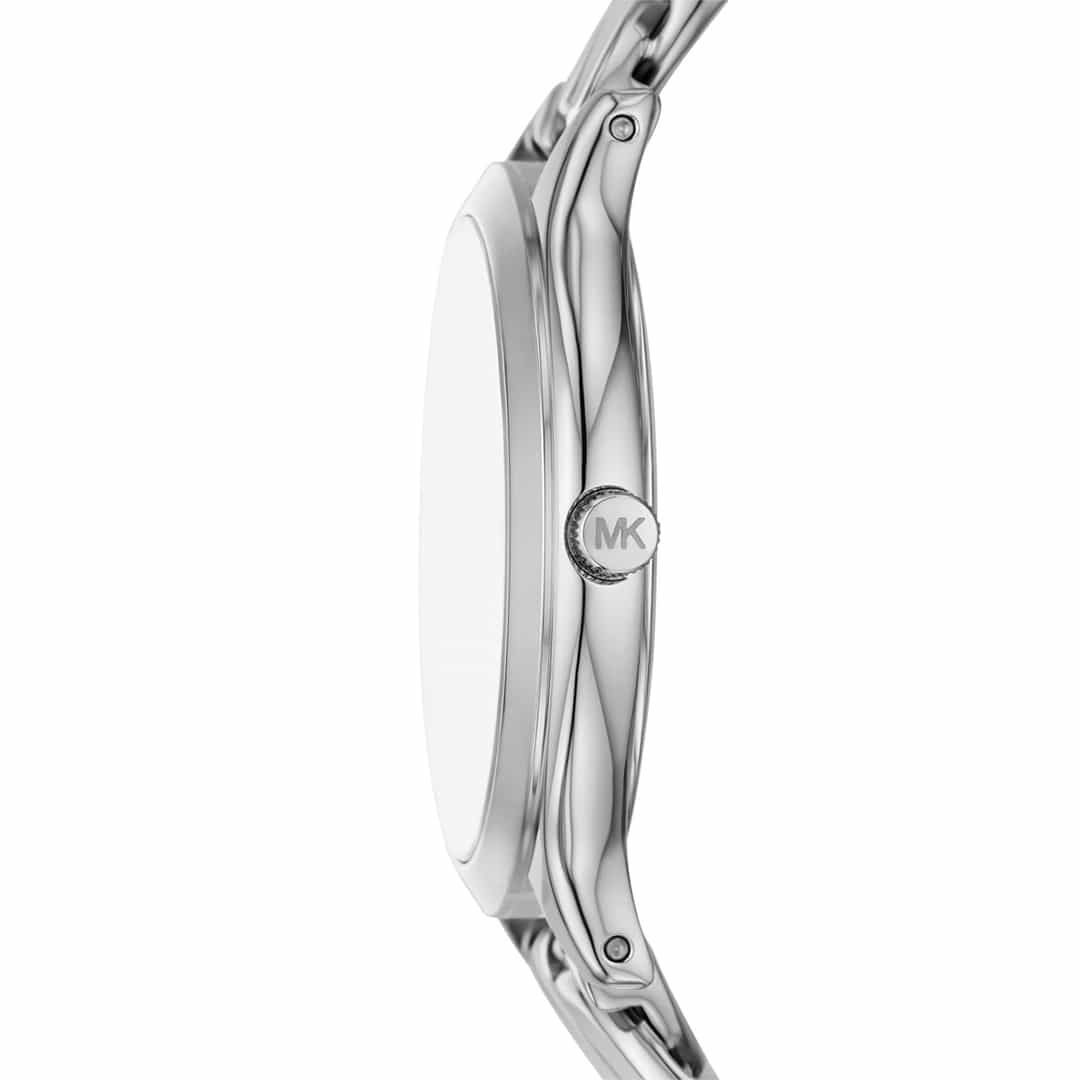 Profil laterale dell’orologio Michael Kors Slim Runway MK7473 in finitura metallica argento
