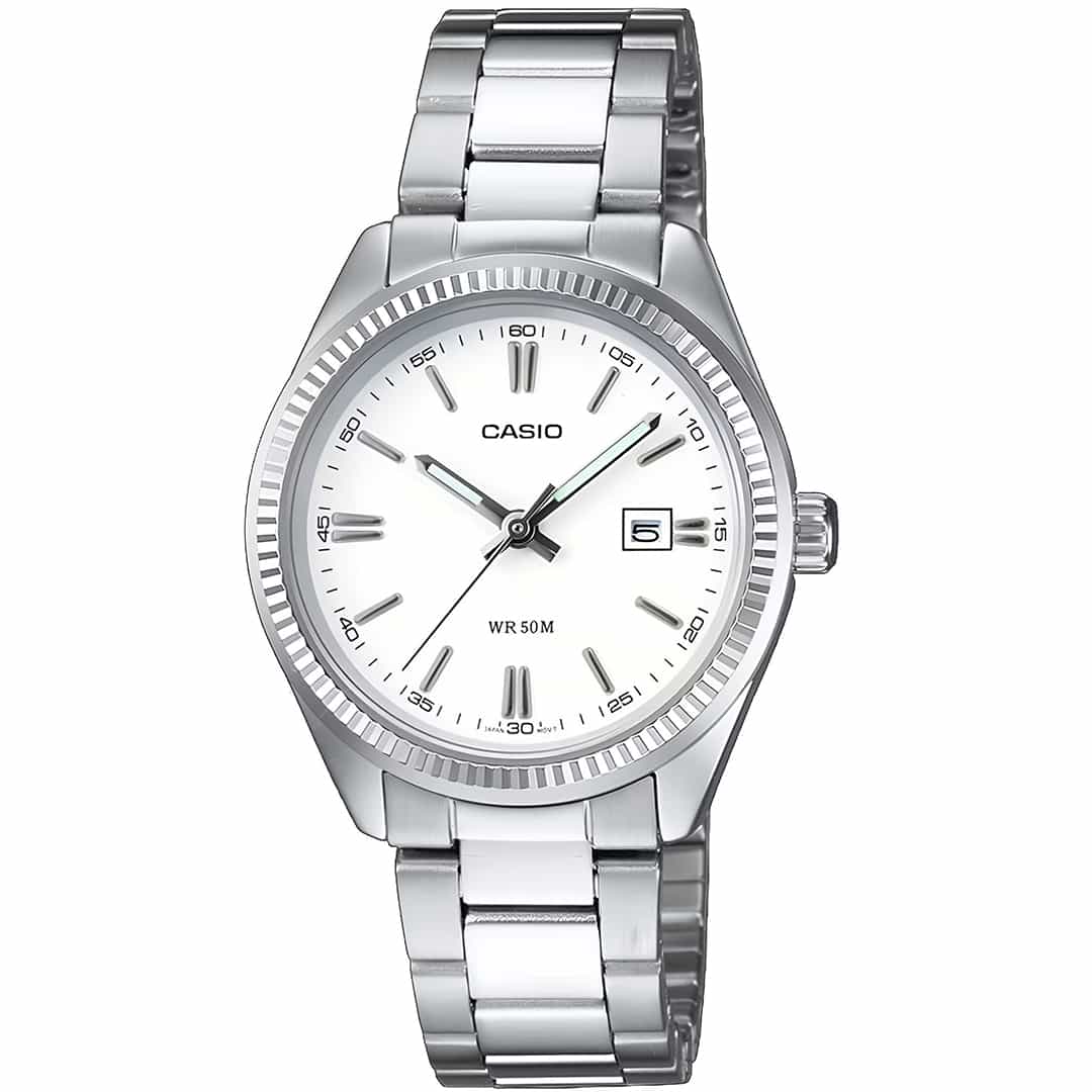 Orologio donna Casio LTP-1302PD-7A1VEG con bracciale in metallo argentato e quadrante bianco con datario