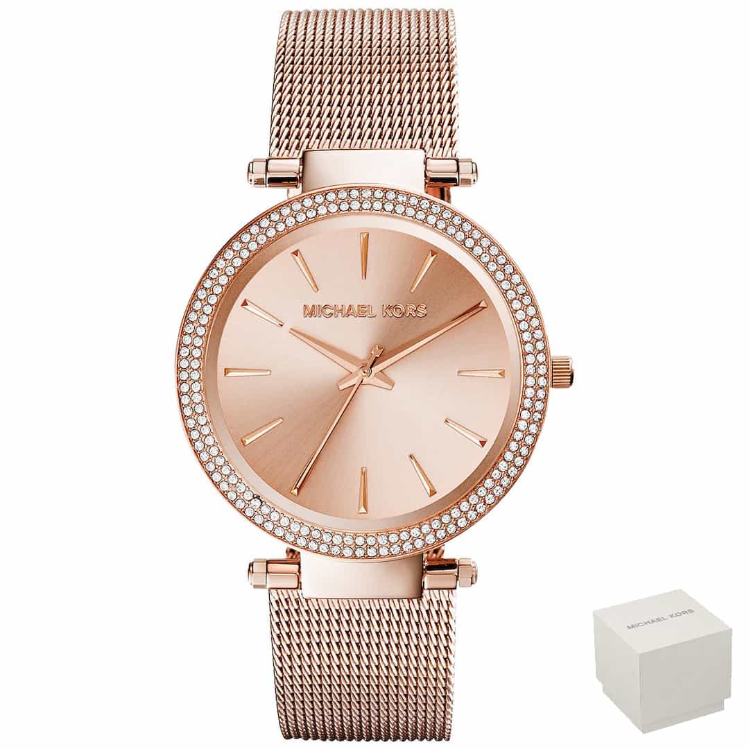 Vista frontale dell’orologio donna Michael Kors Darci MK3369 in tonalità rose gold con cornice scintillante
