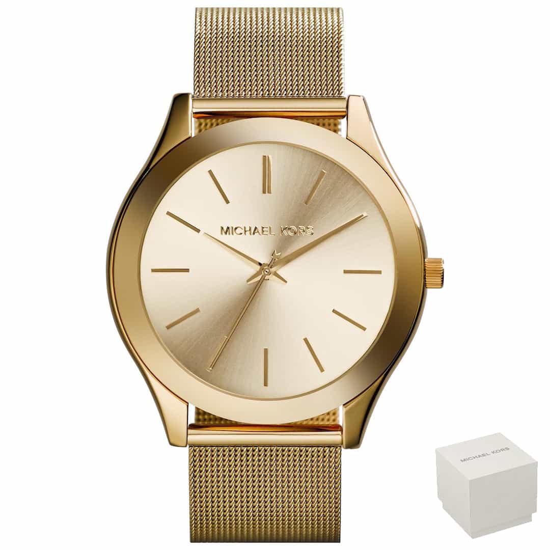 Orologio donna dorato Michael Kors Slim Runway MK3282 al polso con quadrante lucido
