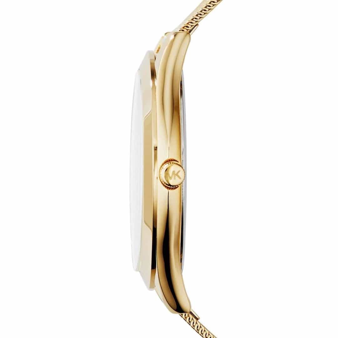 Profilo laterale dell’orologio Michael Kors Slim Runway MK3282 con corona MK