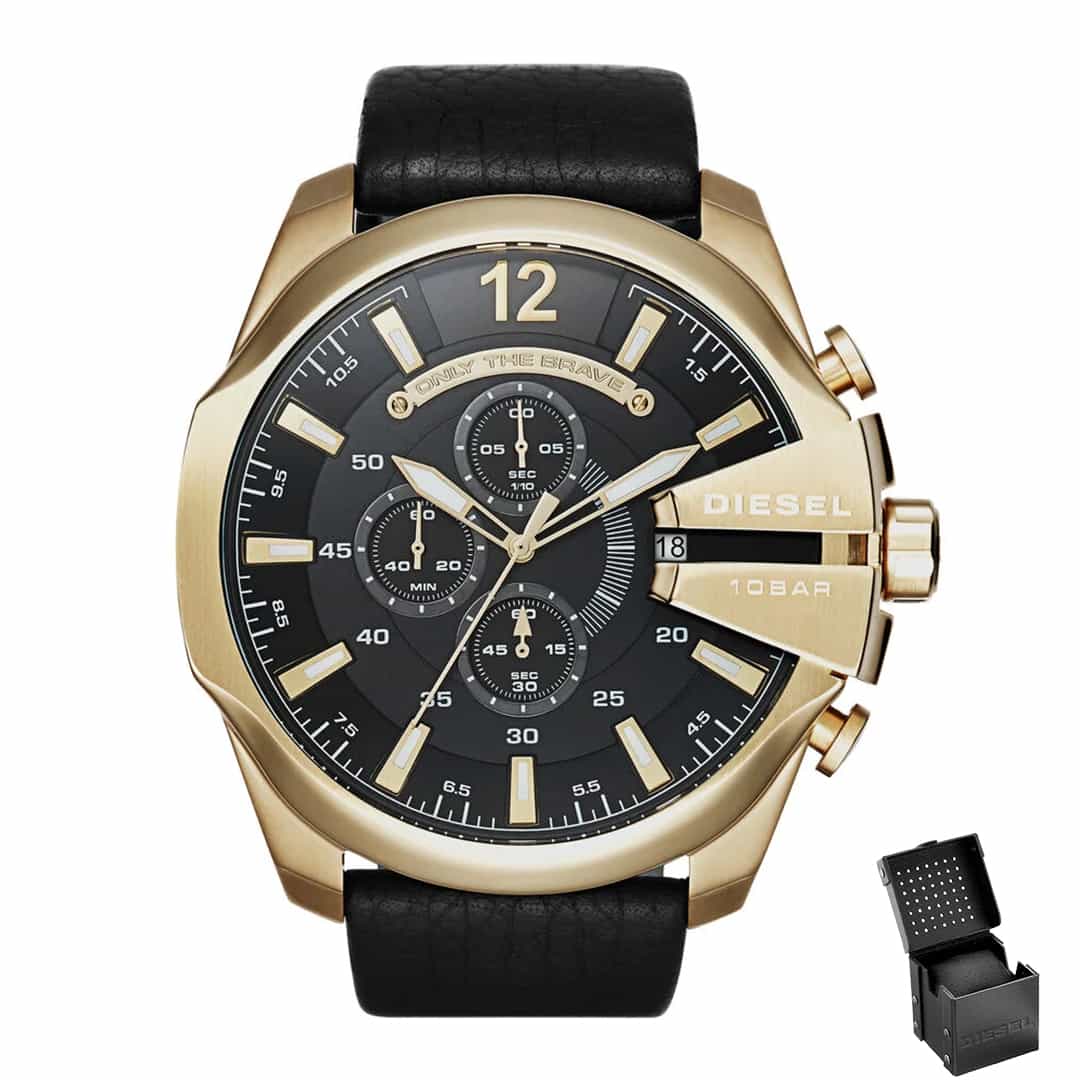 Orologio uomo Diesel Mega Chief DZ4344 con cassa dorata, quadrante nero e cinturino in pelle nera, presentato con confezione regalo