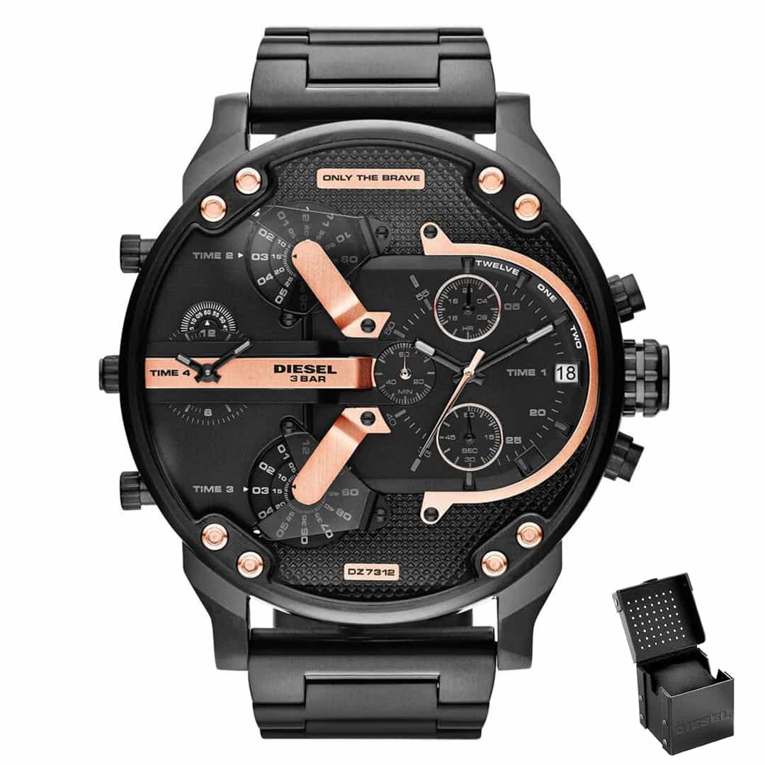 Orologio uomo Diesel Mr. Daddy 2.0 DZ7312 con cinturino in metallo nero e dettagli rose gold, con confezione regalo