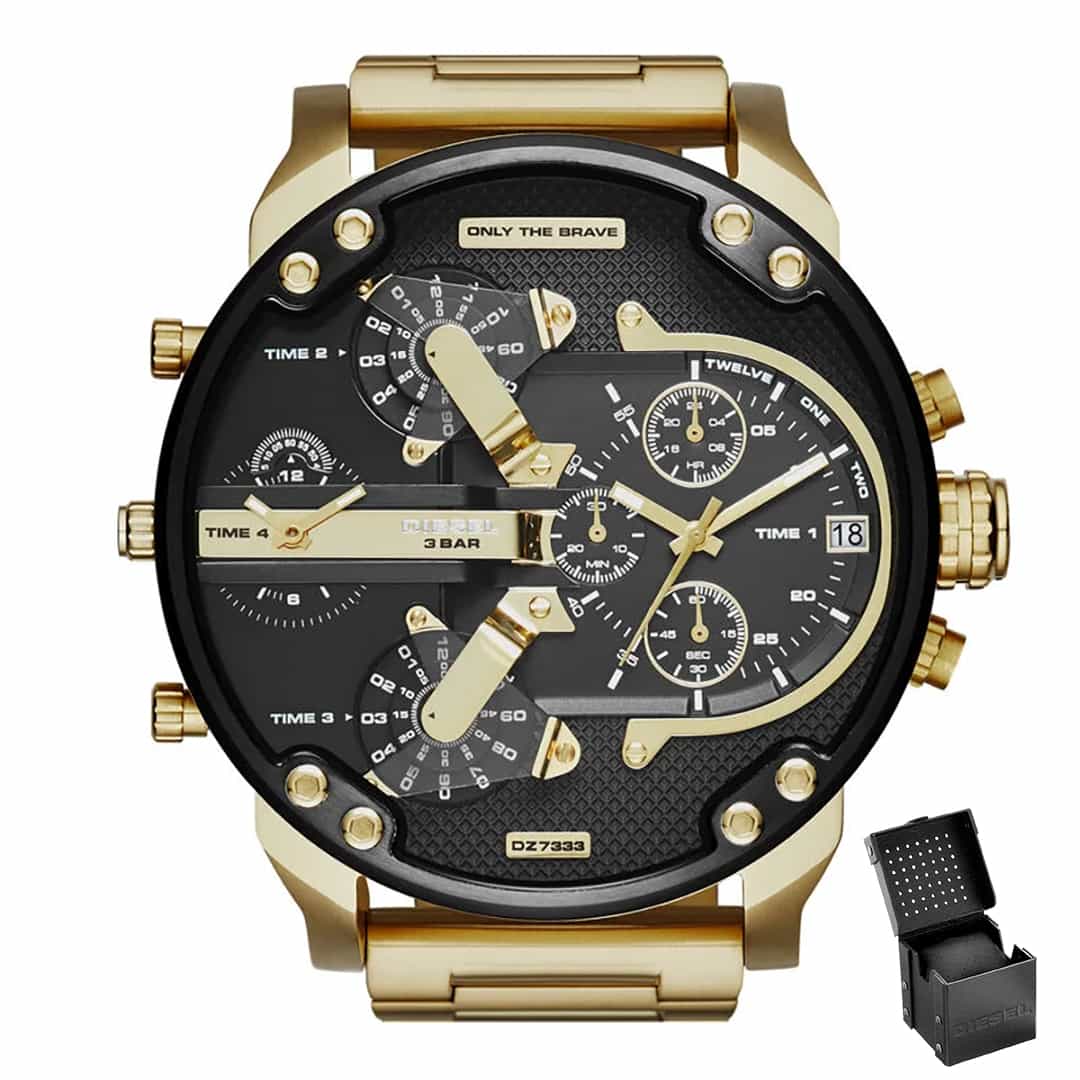 Orologio uomo Diesel Mr. Daddy 2.0 DZ7333 con cinturino in metallo dorato e quadrante nero, presentato con confezione originale Diesel