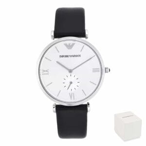 Orologio uomo Emporio Armani AR1674 con quadrante argentato e cinturino in pelle nera, con scatola regalo originale