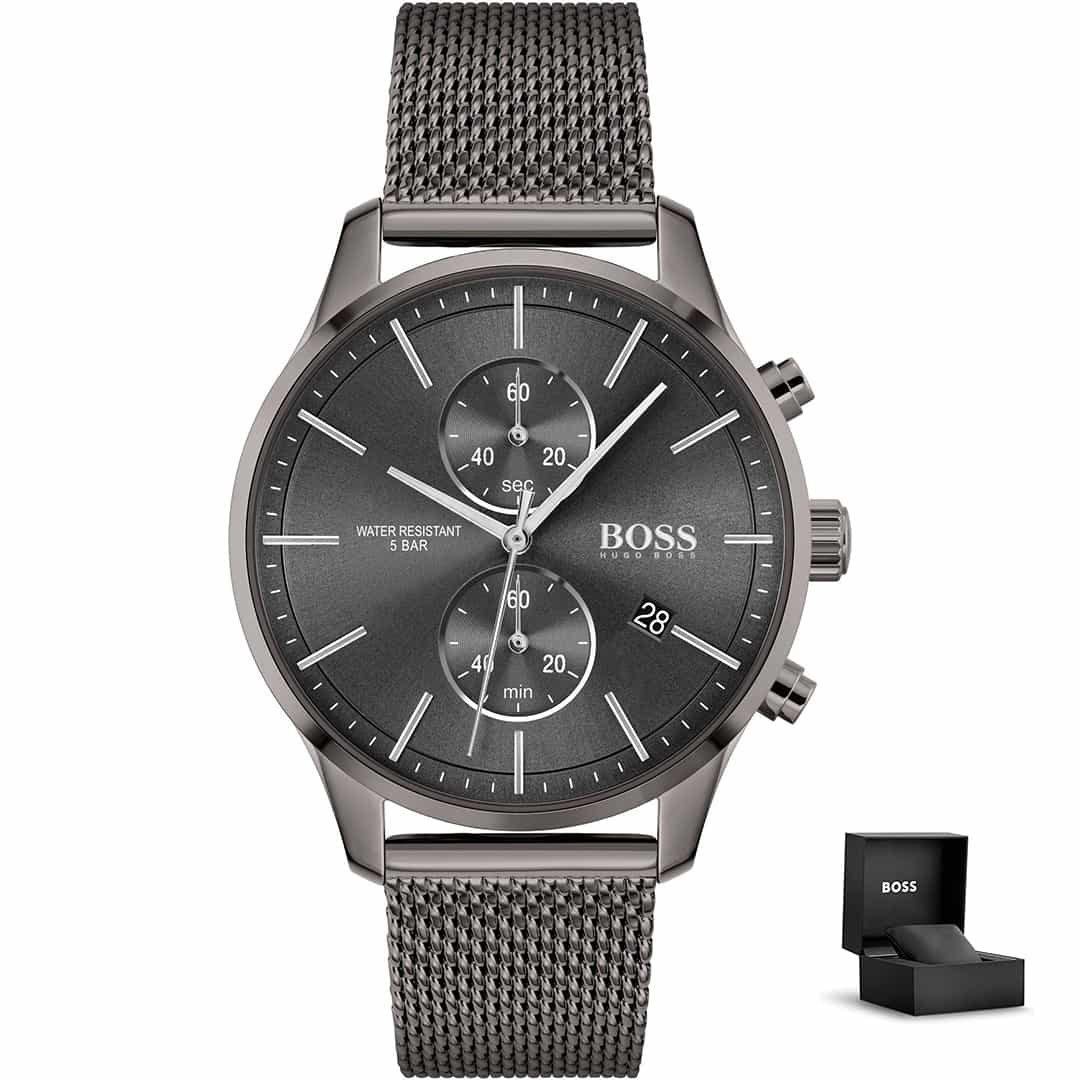 Orologio uomo Hugo Boss Associate 1513870 con cronografo, cinturino a maglia gunmetal e confezione regalo inclusa