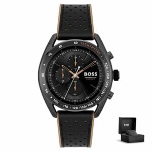 Orologio uomo Hugo Boss Centre Court 1514022 al polso, con cinturino in pelle e silicone e quadrante nero<br>