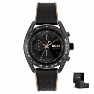Orologio uomo Hugo Boss Centre Court 1514022 al polso, con cinturino in pelle e silicone e quadrante nero<br>