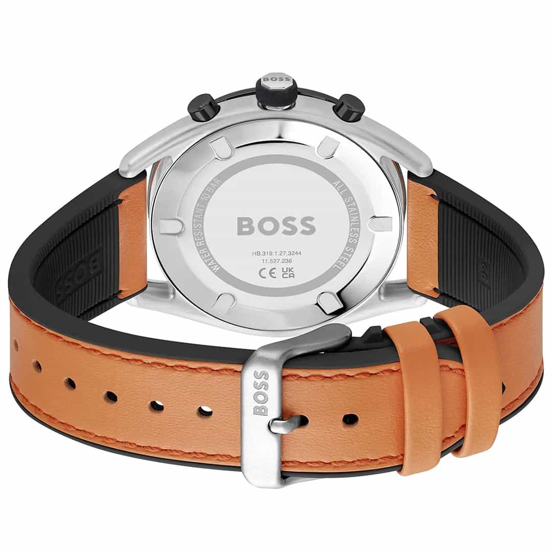 Retro dell’orologio Hugo Boss 1514025 con cinturino in pelle nero-arancione e chiusura in metallo