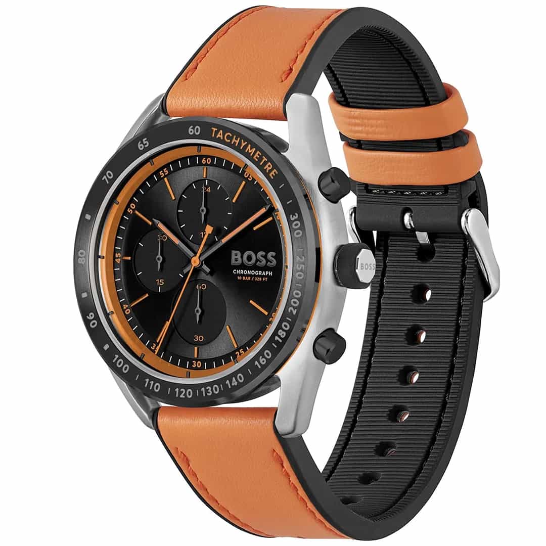 Orologio uomo Hugo Boss Centre Court 1514025 in vista angolata con quadrante arancione ben visibile e funzione cronografo