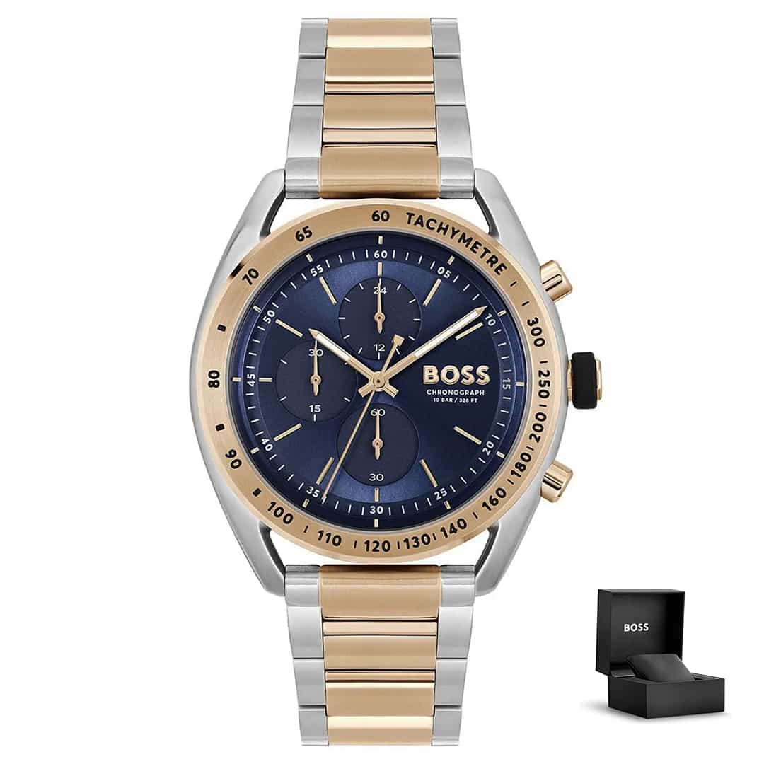 Orologio uomo Hugo Boss Centre Court 1514026 con quadrante blu, cinturino in metallo e confezione regalo<br>