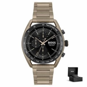 Orologio uomo Hugo Boss Centre Court 1514027 con confezione regalo, quadrante nero e cinturino in metallo bronzo chiaro<br>