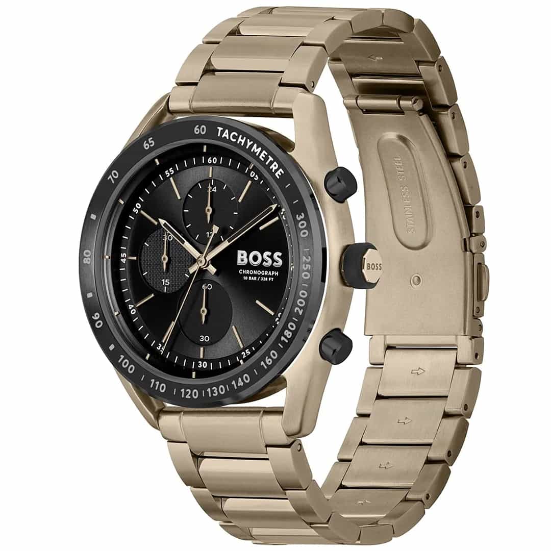 Orologio uomo Hugo Boss Centre Court 1514027 – vista laterale del quadrante nero e del cinturino in metallo
