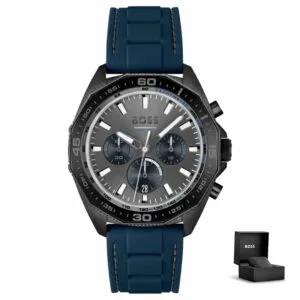 Orologio uomo sportivo Hugo Boss Energy Chronograph 1513972 con cinturino in silicone blu, quadrante grigio scuro e cofanetto regalo