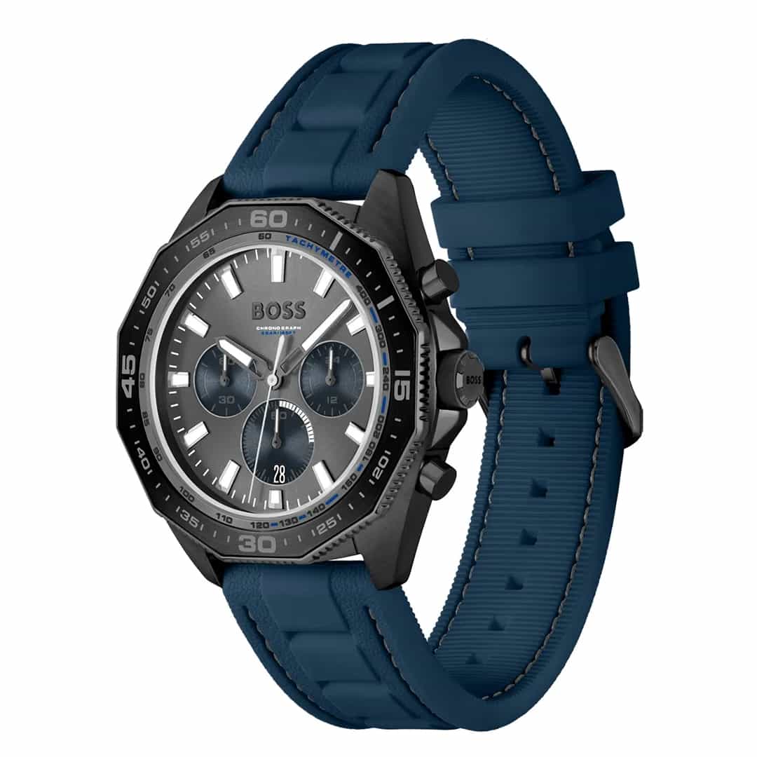 Vista 3D dell’orologio Hugo Boss Energy 1513972 con cassa nera e cinturino in silicone blu