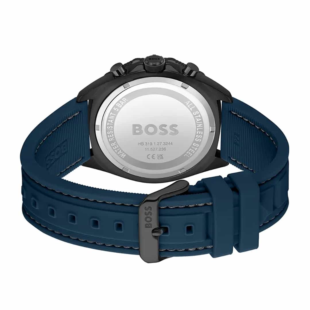 Vista posteriore dell’orologio Hugo Boss Energy 1513972 con incisione e cinturino in silicone blu