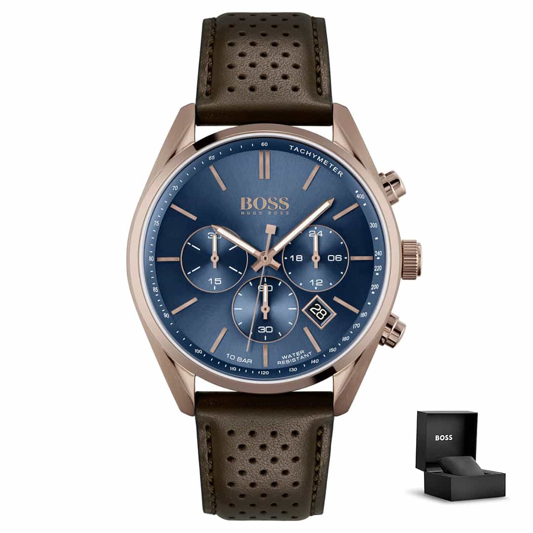 Orologio uomo Hugo Boss Champion 1513817 con quadrante blu, cassa rose gold, cinturino in pelle e confezione regalo