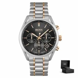Orologio uomo Hugo Boss Champion 1513819 con cinturino bicolore argento–rose gold, quadrante nero, cronografo e confezione regalo