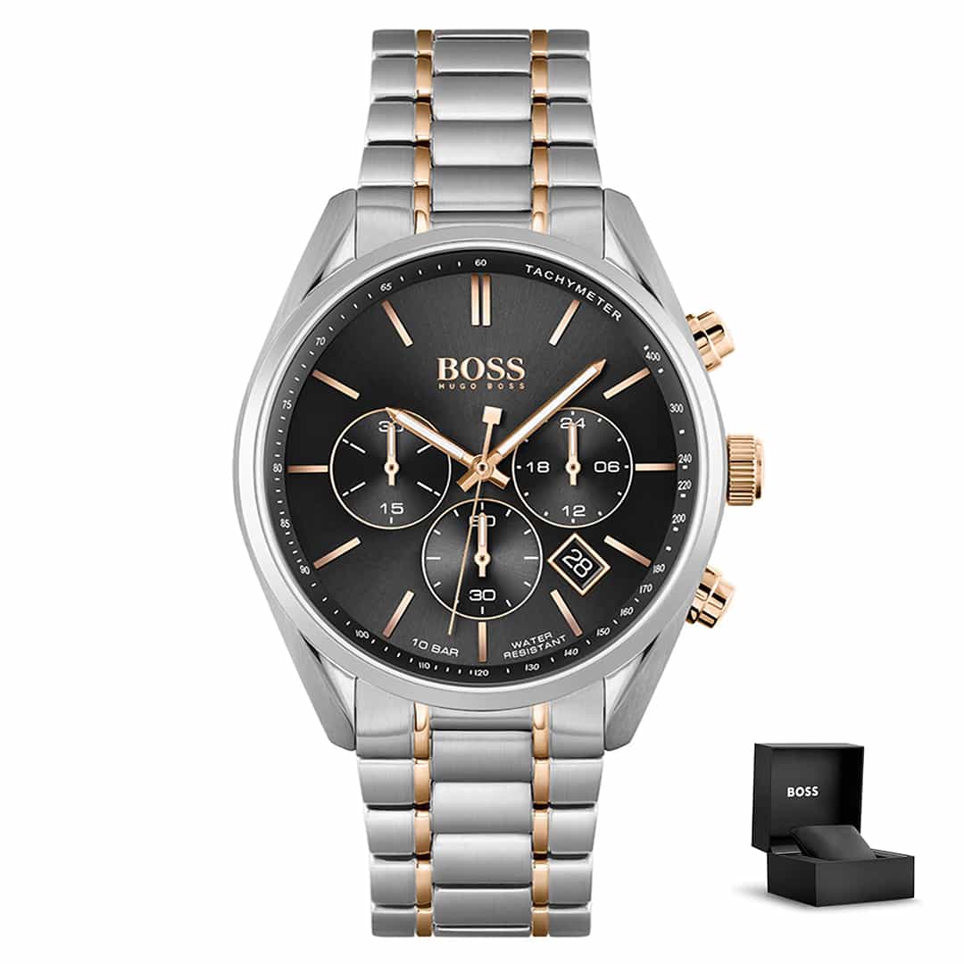 Orologio uomo Hugo Boss Champion 1513819 con cinturino bicolore argento–rose gold, quadrante nero, cronografo e confezione regalo