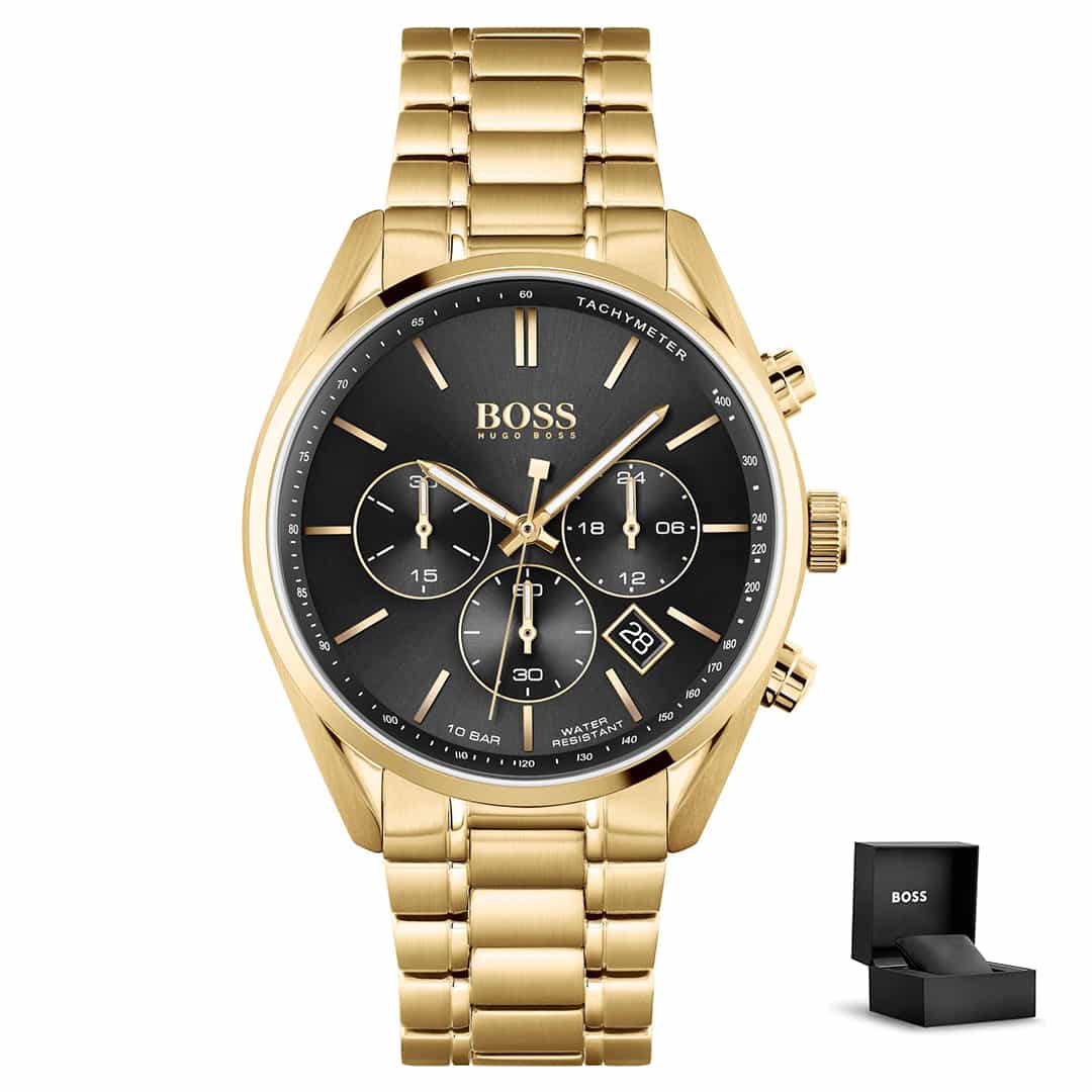 Orologio uomo Hugo Boss Champion 1513848 dorato con quadrante nero, cronografo e confezione regalo