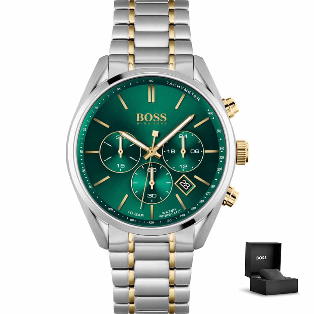 Orologio uomo Hugo Boss 1513878 con quadrante verde, cinturino in acciaio bicolore oro e argento, cronografo e confezione regalo<br>