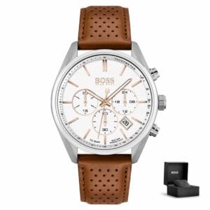 Orologio uomo Hugo Boss Champion 1513879 con quadrante bianco, cassa argentata, cinturino in pelle marrone chiaro e cofanetto regalo