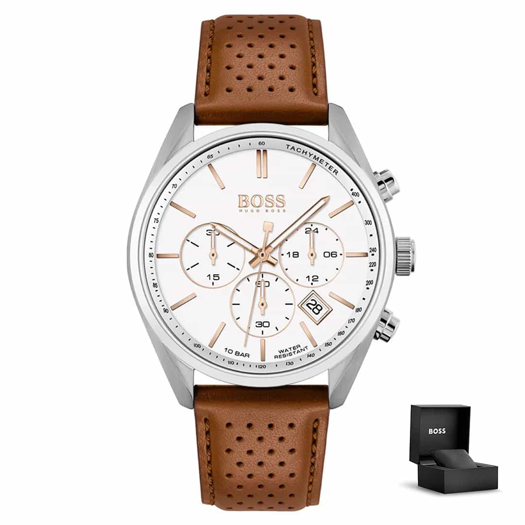 Orologio uomo Hugo Boss Champion 1513879 con quadrante bianco, cassa argentata, cinturino in pelle marrone chiaro e cofanetto regalo