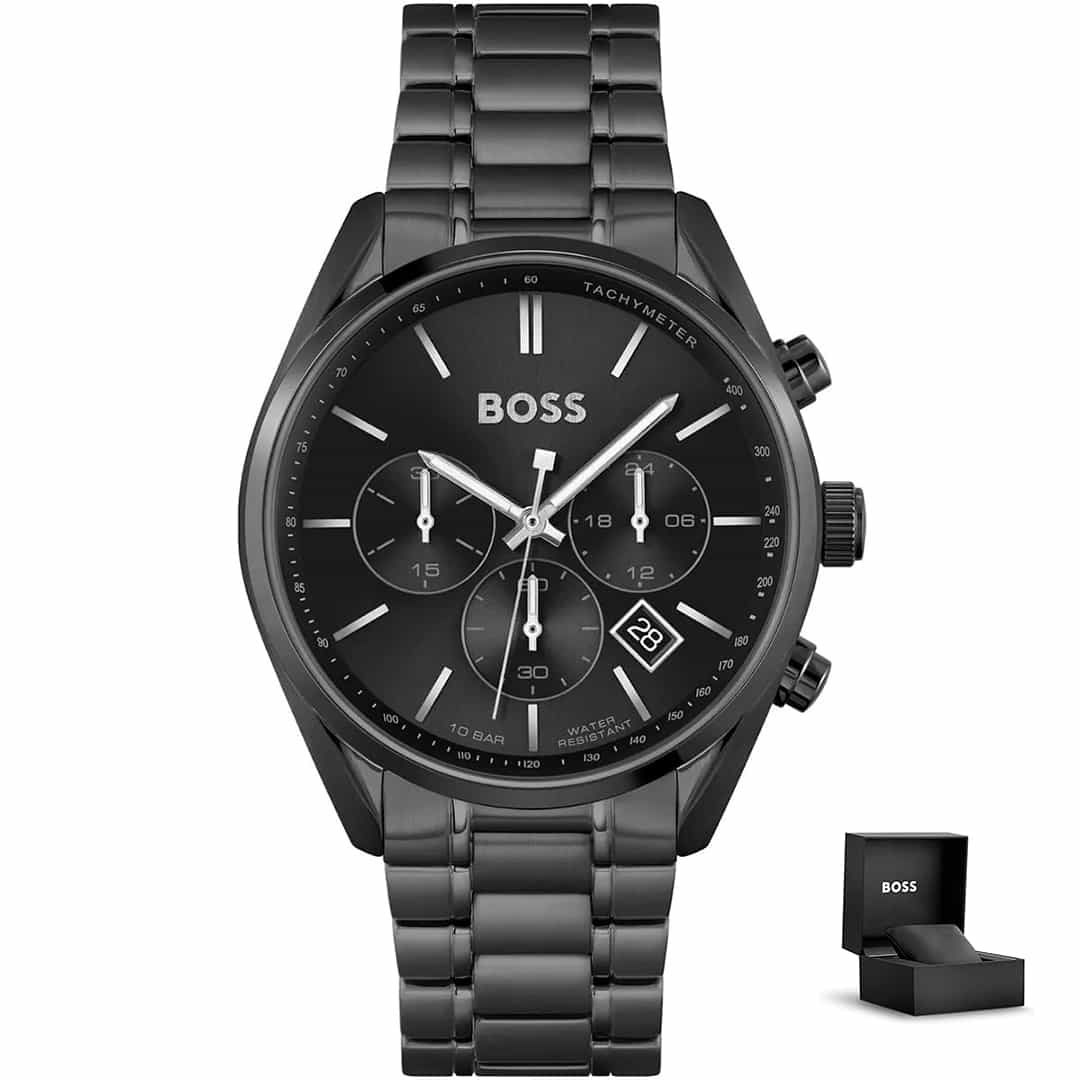 Orologio uomo Hugo Boss Champion 1513960 in versione completamente nera con cronografo e cofanetto regalo