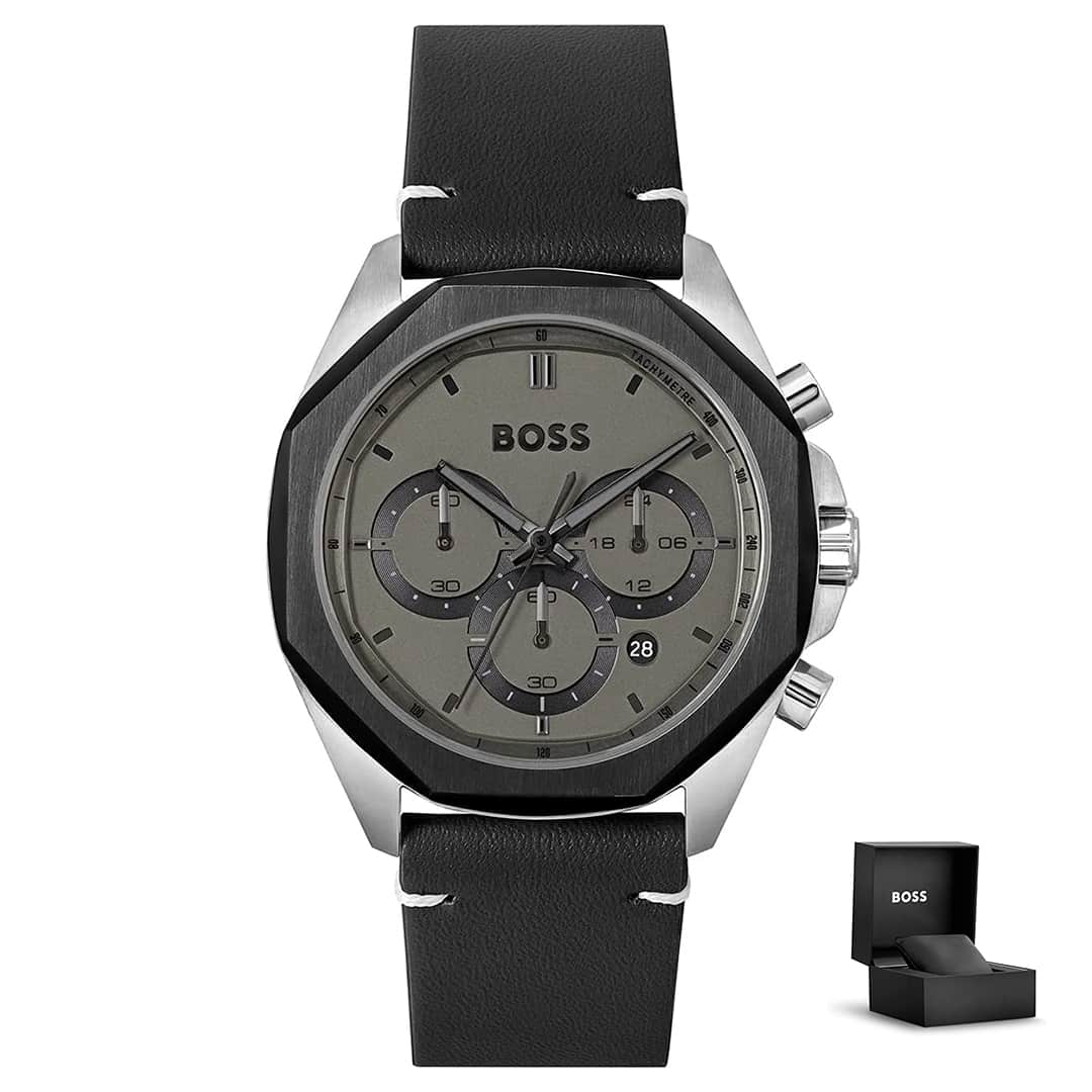 Orologio uomo Hugo Boss Cloud 1514014 con cofanetto regalo – cassa ottagonale, quadrante grigio e cinturino in pelle nera