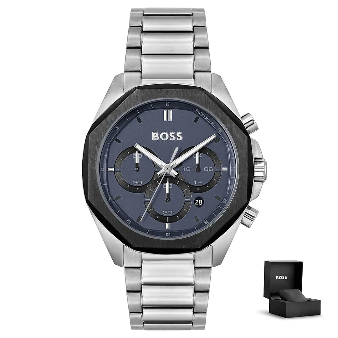 Orologio uomo Hugo Boss Cloud 1514015 con cofanetto – quadrante blu, bracciale in metallo e cassa nero-argento