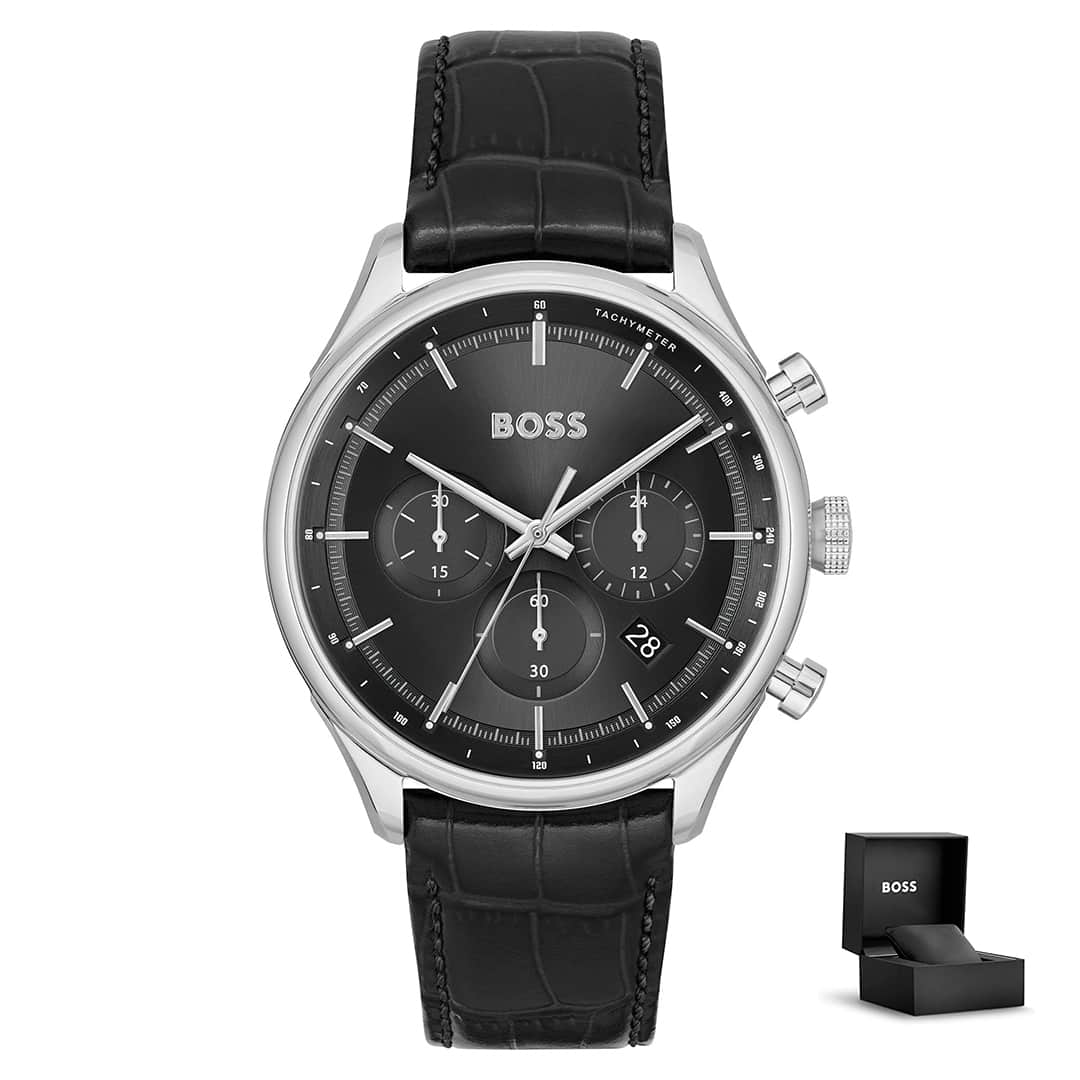 Hugo Boss Gregor 1514049 con confezione regalo – quadrante nero e cinturino in pelle