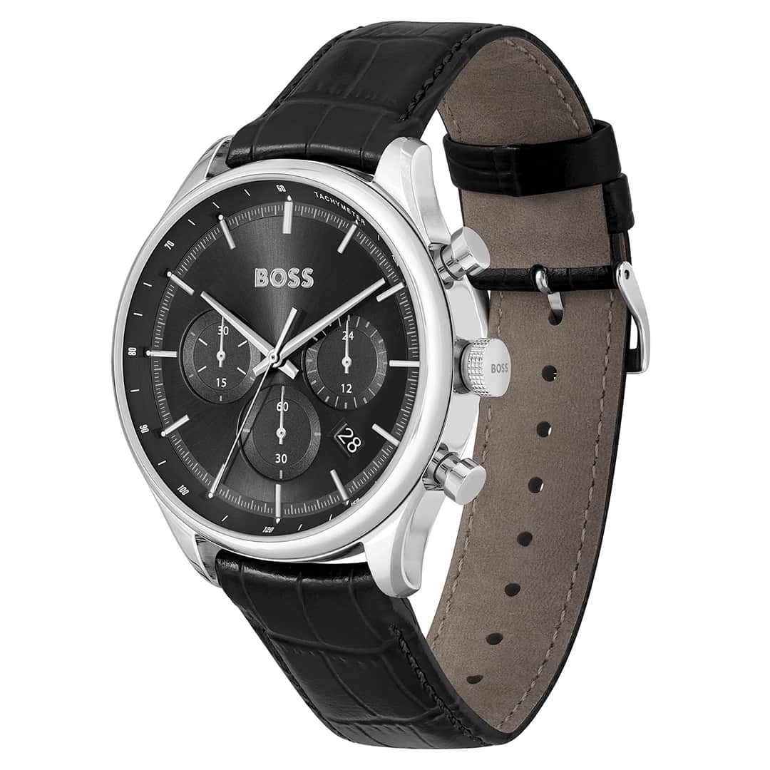 Orologio uomo Hugo Boss Gregor 1514049 – vista laterale, quadrante nero e cassa argentata