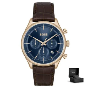 Orologio uomo Hugo Boss Gregor 1514050 con confezione – cassa rose gold, quadrante blu, cinturino in pelle marrone