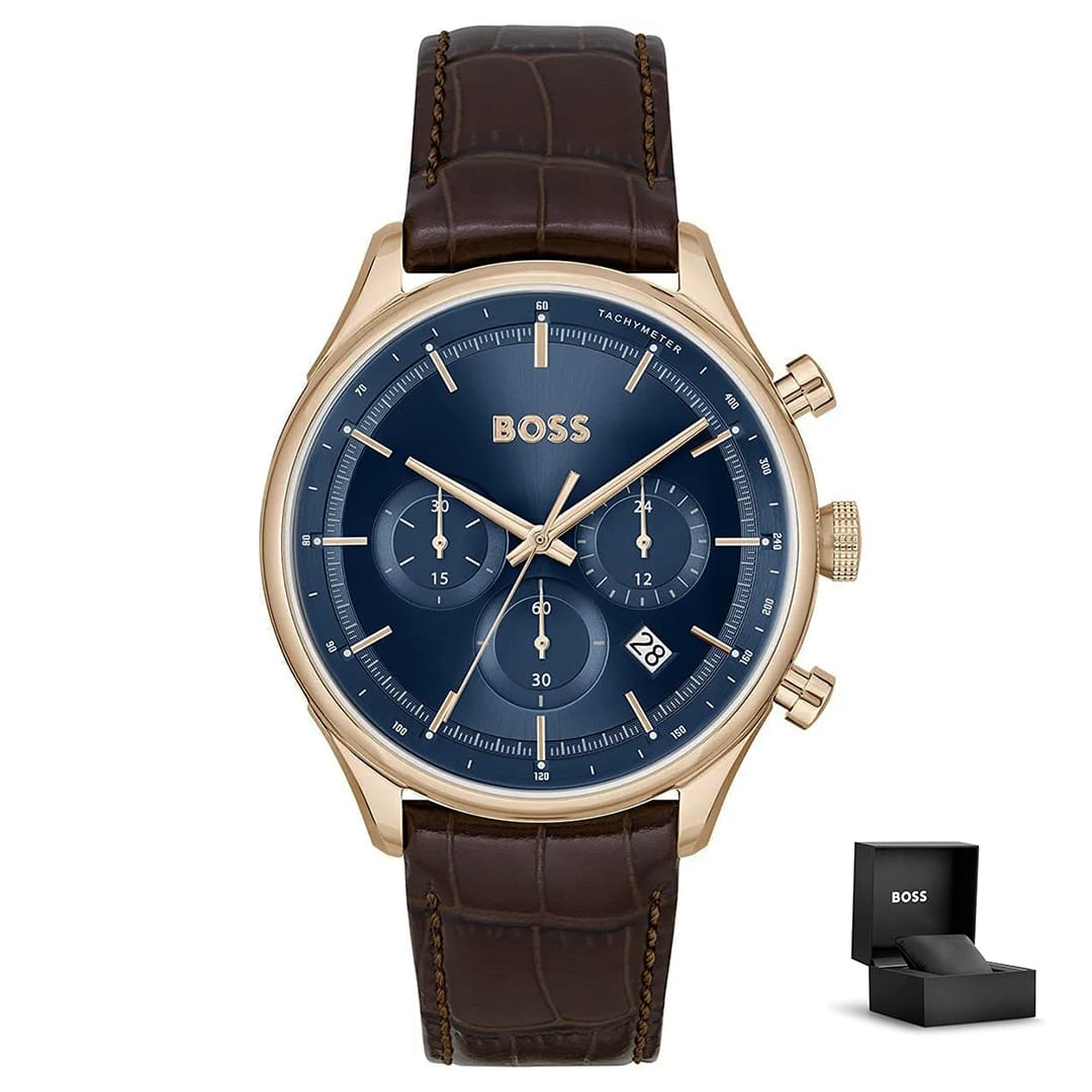 Orologio uomo Hugo Boss Gregor 1514050 con confezione – cassa rose gold, quadrante blu, cinturino in pelle marrone