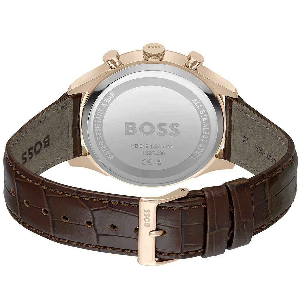Retro dell’orologio Hugo Boss Gregor 1514050 – incisione sulla cassa e cinturino in pelle