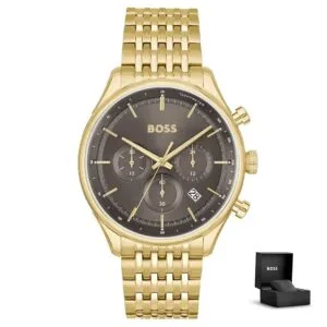 Hugo Boss Gregor 1514051 con confezione regalo – orologio dorato con cronografo e quadrante marrone