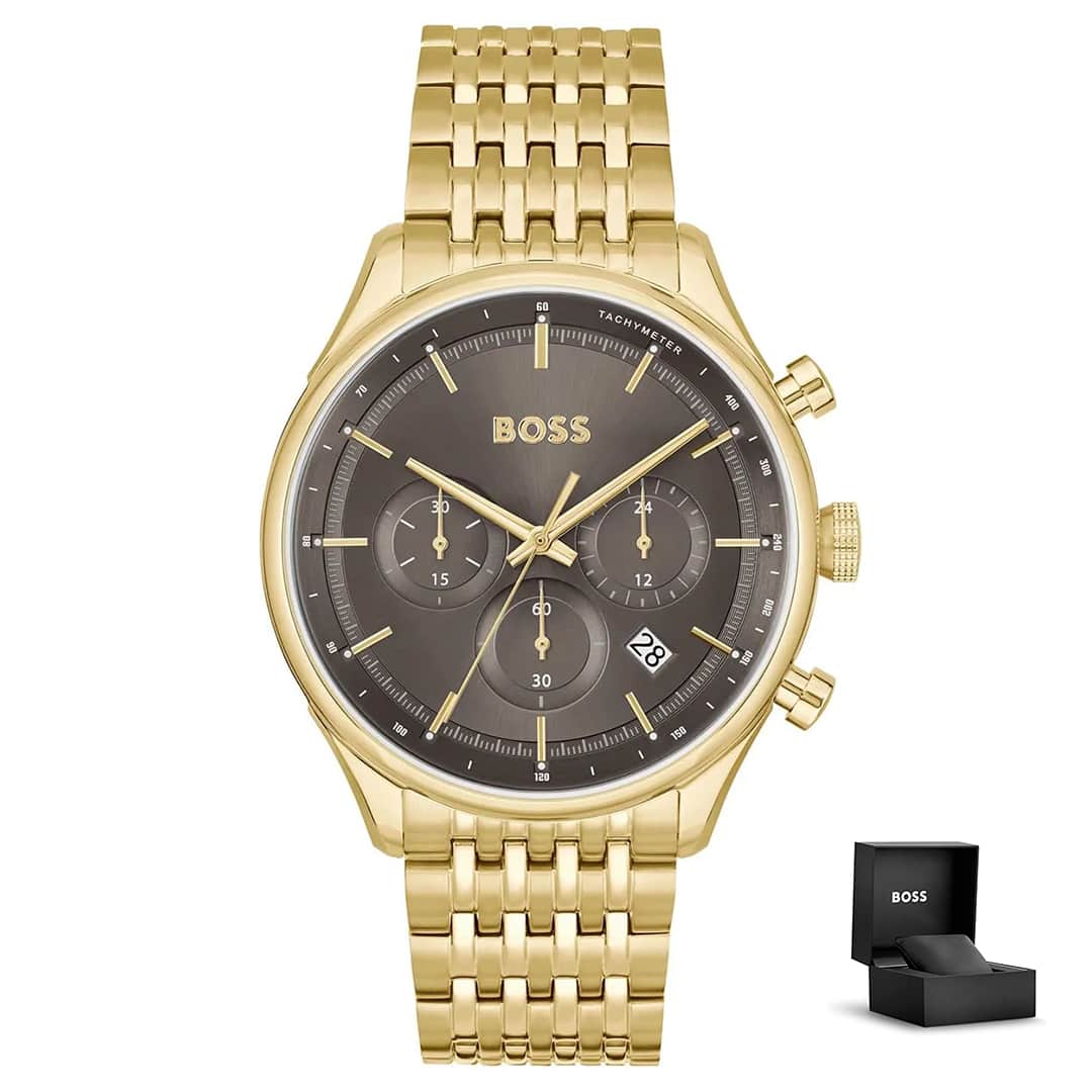 Hugo Boss Gregor 1514051 con confezione regalo – orologio dorato con cronografo e quadrante marrone