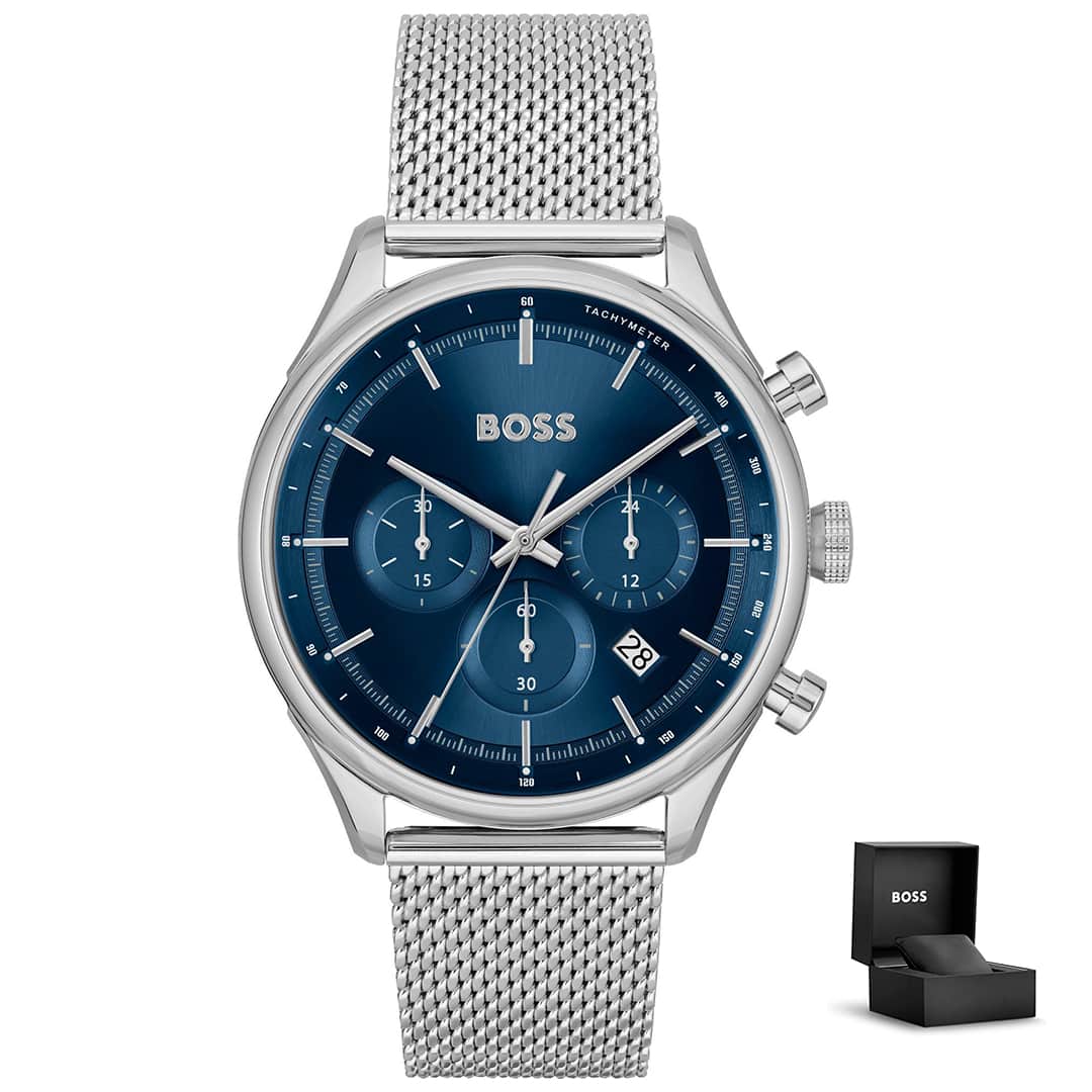 Hugo Boss Gregor 1514052 con confezione regalo – quadrante blu e bracciale mesh in metallo