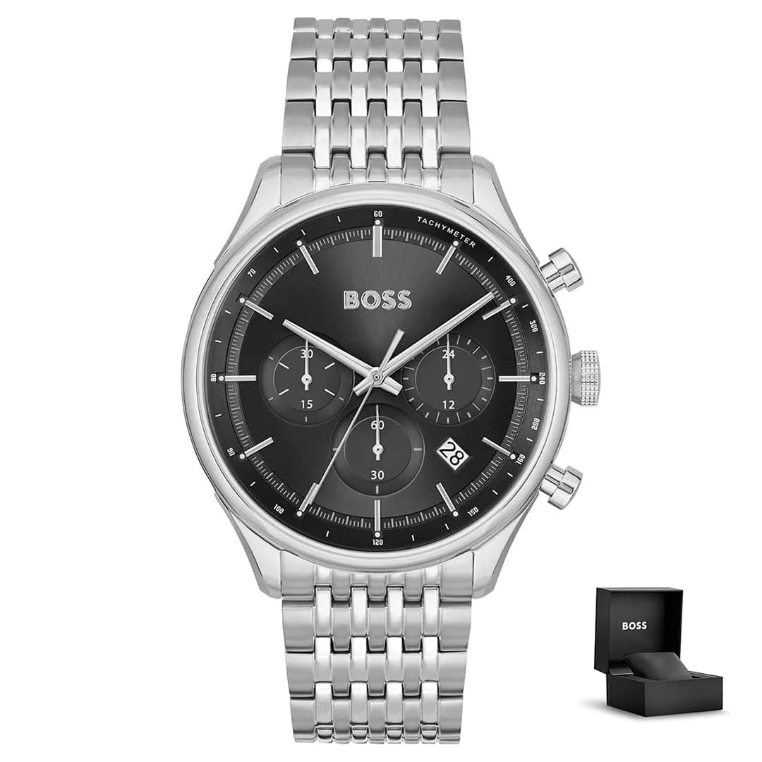 Hugo Boss Gregor 1514082 con confezione regalo – orologio elegante argento con quadrante nero e cronografo