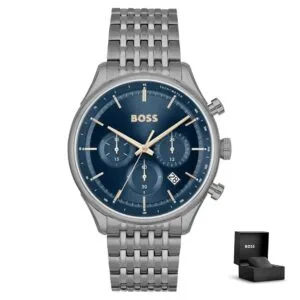 Hugo Boss Gregor 1514083 con confezione regalo – orologio metallico grigio scuro con quadrante blu e accenti dorati