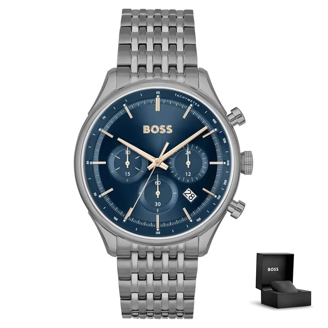 Hugo Boss Gregor 1514083 con confezione regalo – orologio metallico grigio scuro con quadrante blu e accenti dorati