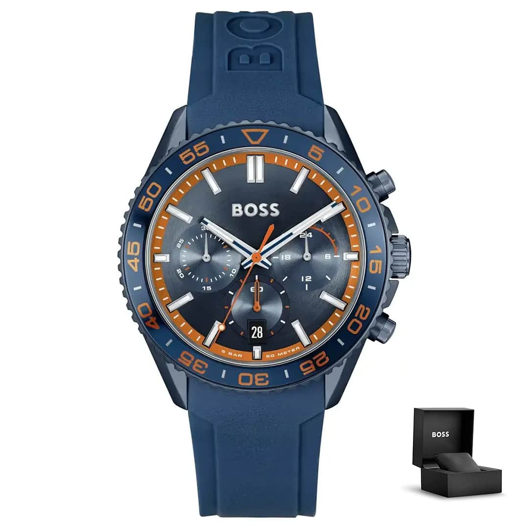 Orologio uomo Hugo Boss Runner 1514142 con confezione – cinturino blu navy e dettagli arancioni<br>