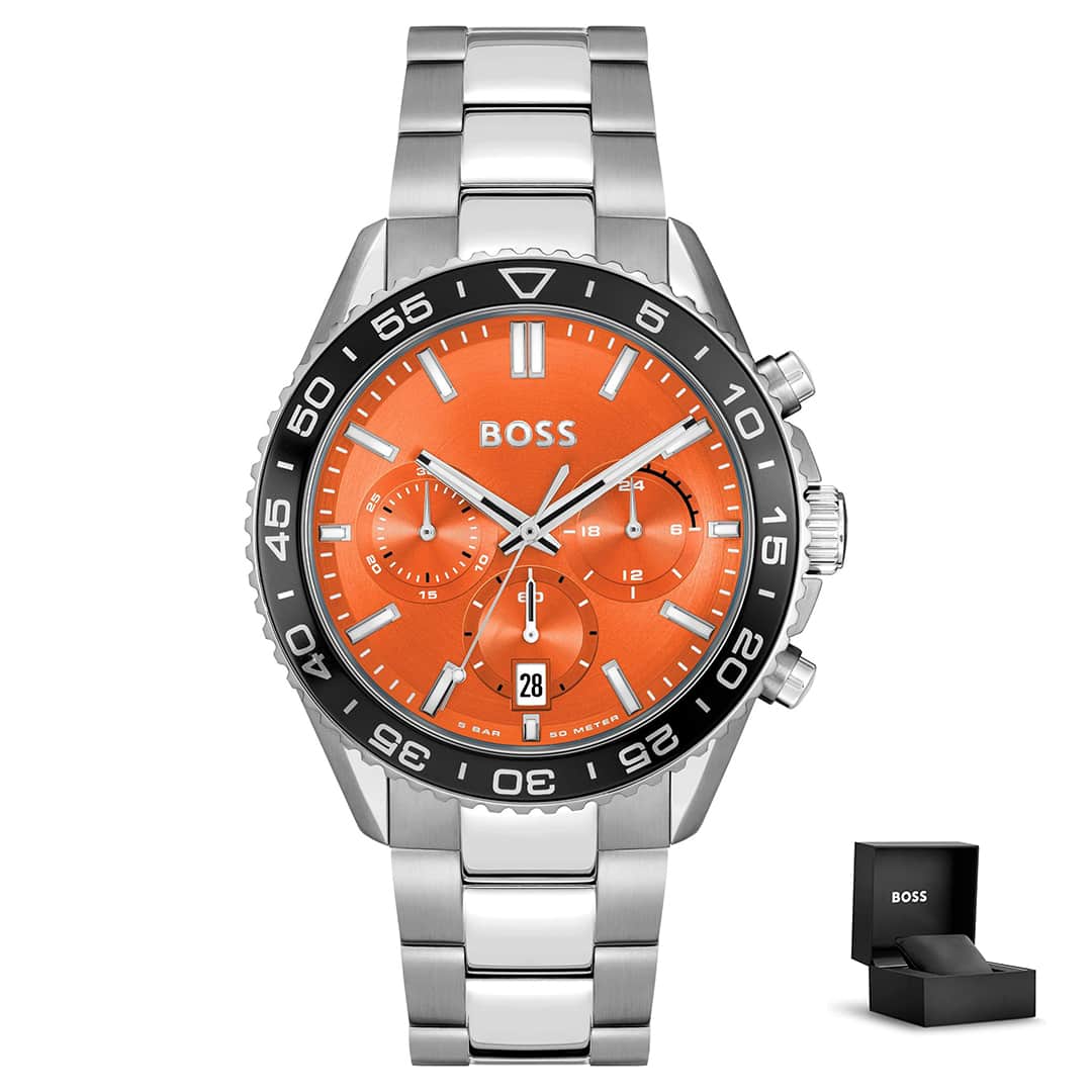 Orologio uomo Hugo Boss Runner 1514162 con confezione – quadrante arancione e bracciale in metallo