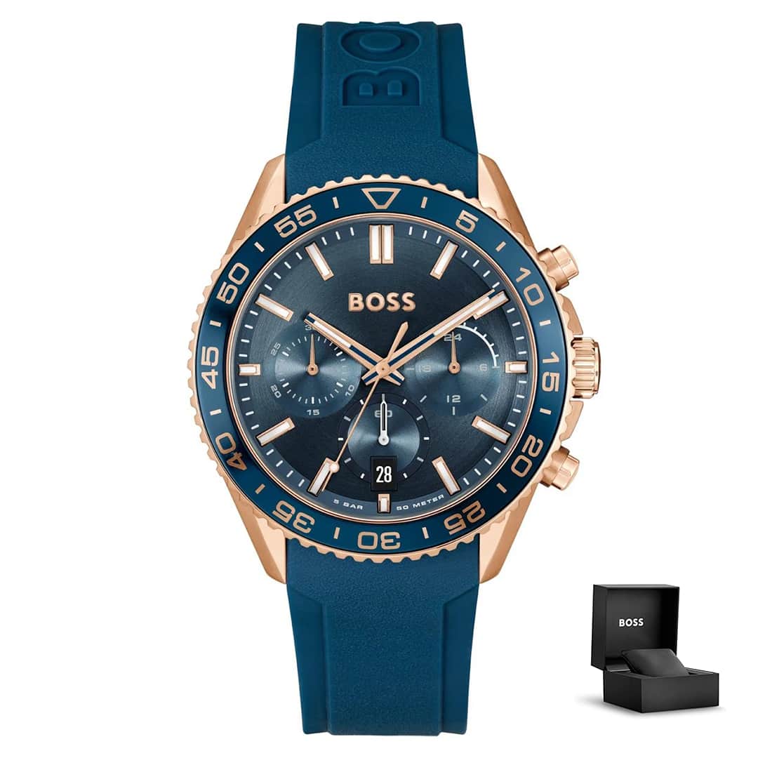 Orologio uomo Hugo Boss Runner 1514169 con confezione – cassa rose gold e cinturino in silicone blu<br>