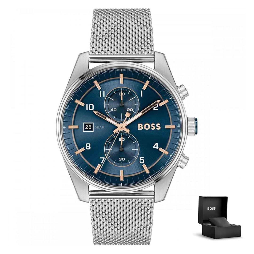 Orologio da uomo Hugo Boss Skytraveller 1514149 con cinturino a maglia argentata e quadrante blu, presentato con confezione regalo originale.